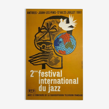 Affiche 2 eme Festival International du Jazz Antibes - Gerard Jourdan 1961 - Petit Format - On linen