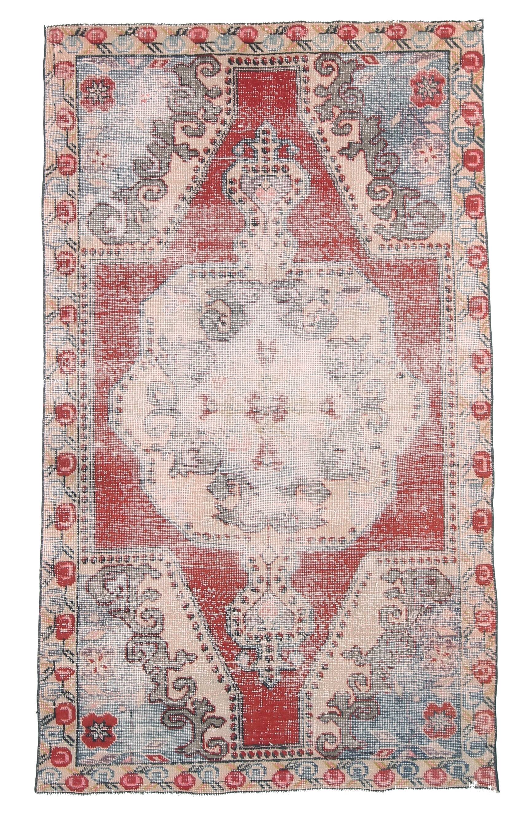 Red & Beige Handmade Turkish Vintage Rug, 126x213Cm