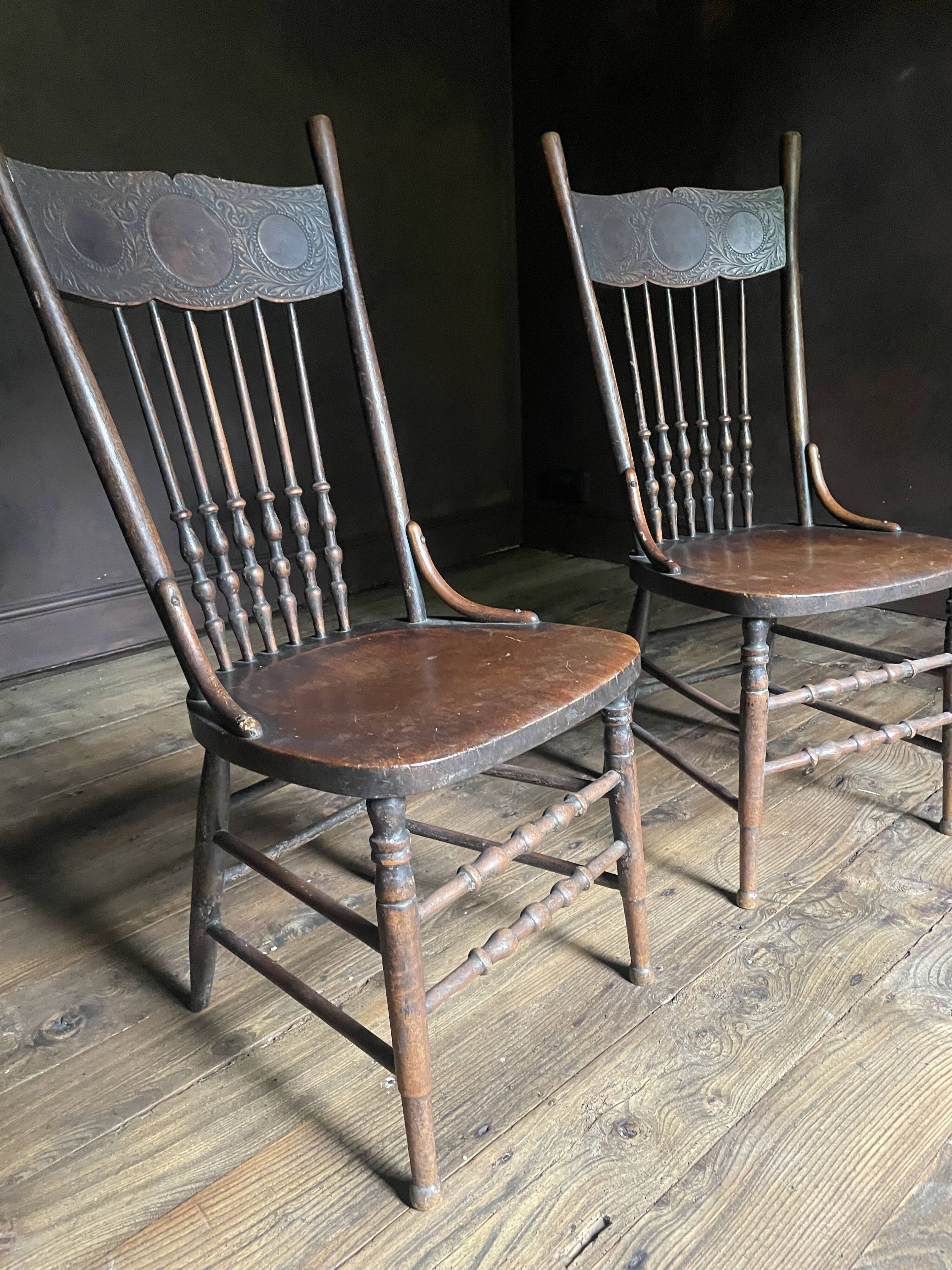 Pair of Antique Country Chairs with Carved Crest Rails | Vernacular Spindle