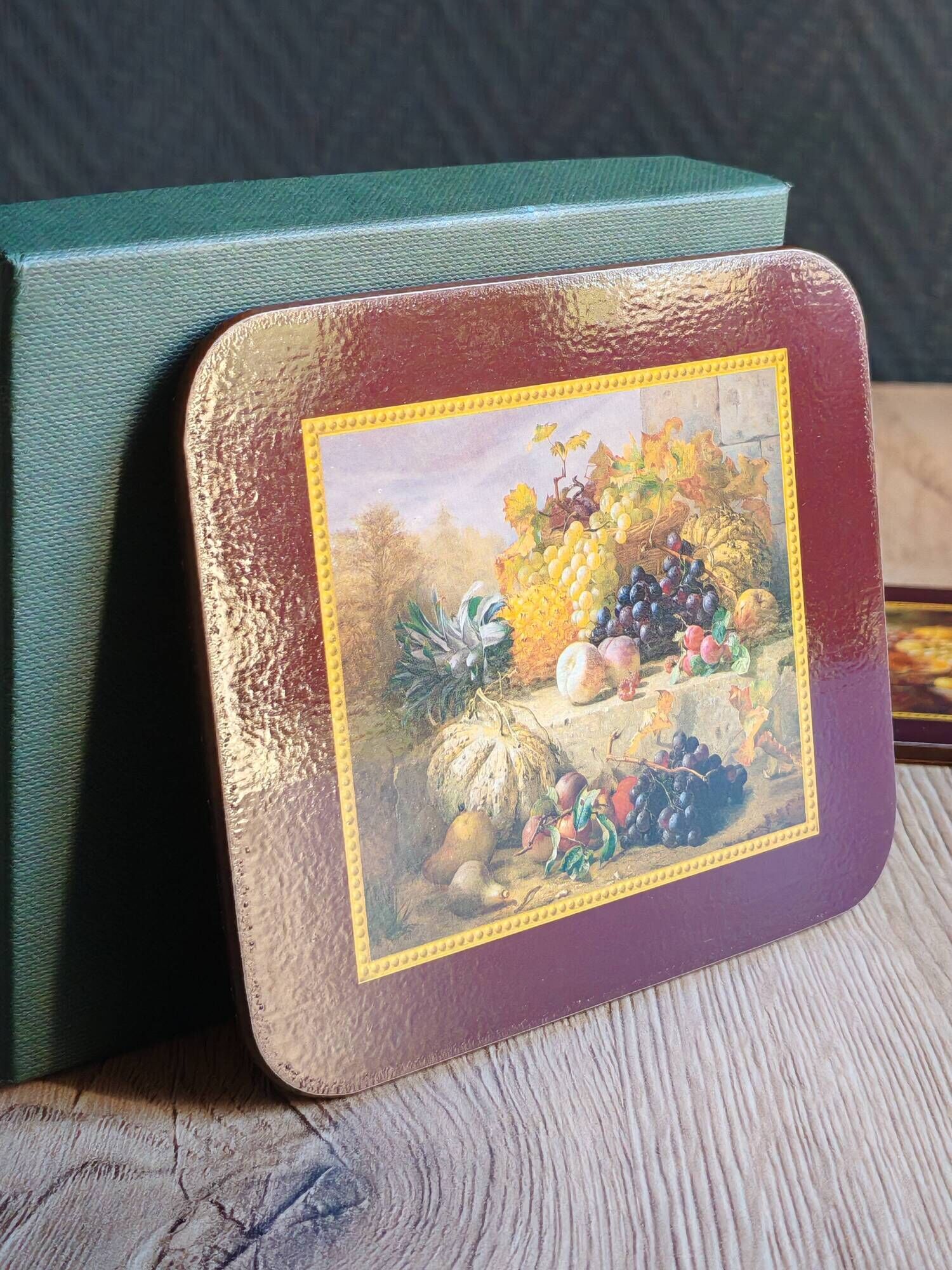Set of 6 vintage Jason "Still Life Fruit" coasters, cork and durable.