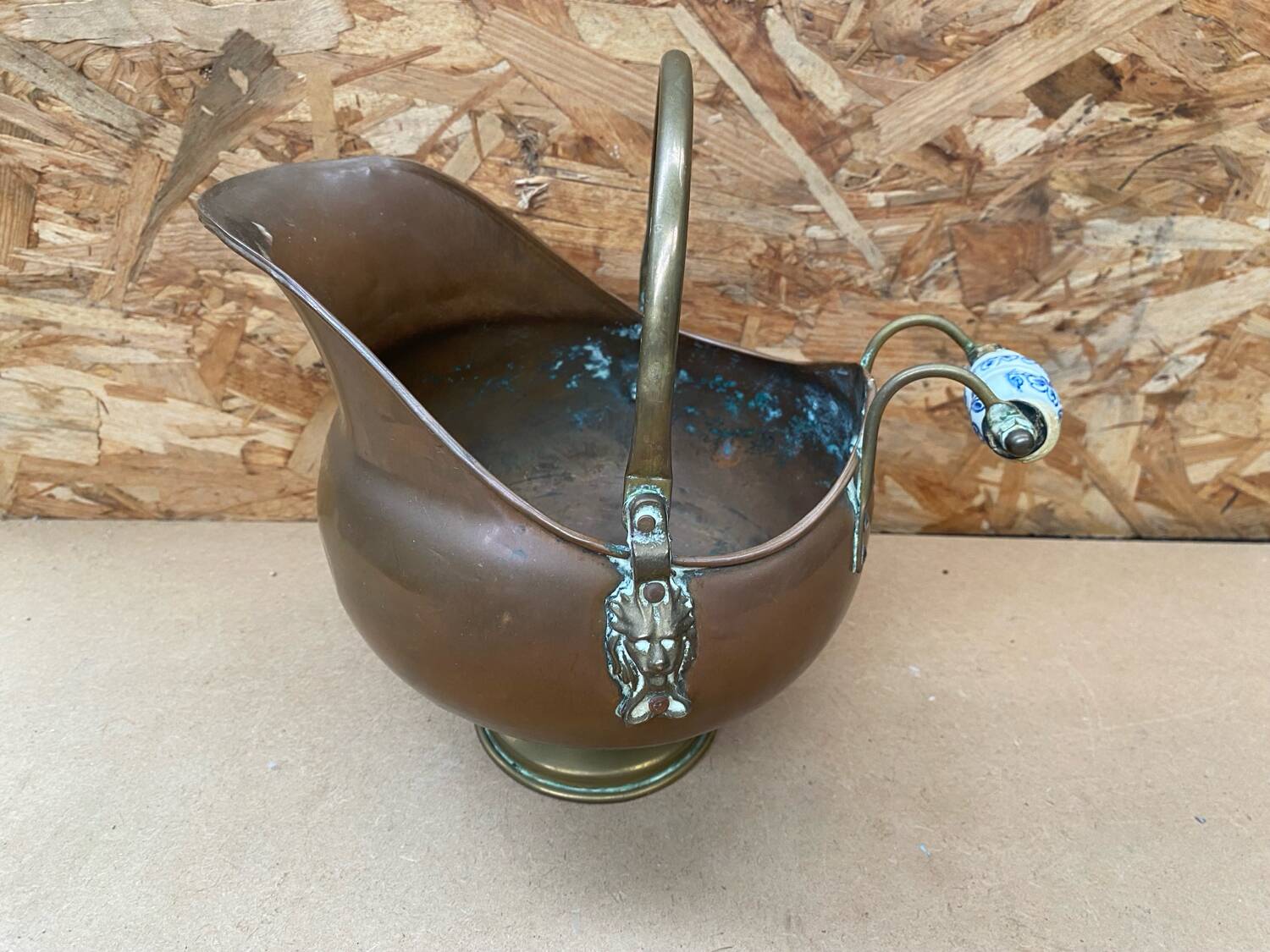 Antique copper & brass ash bucket + porcelain handle