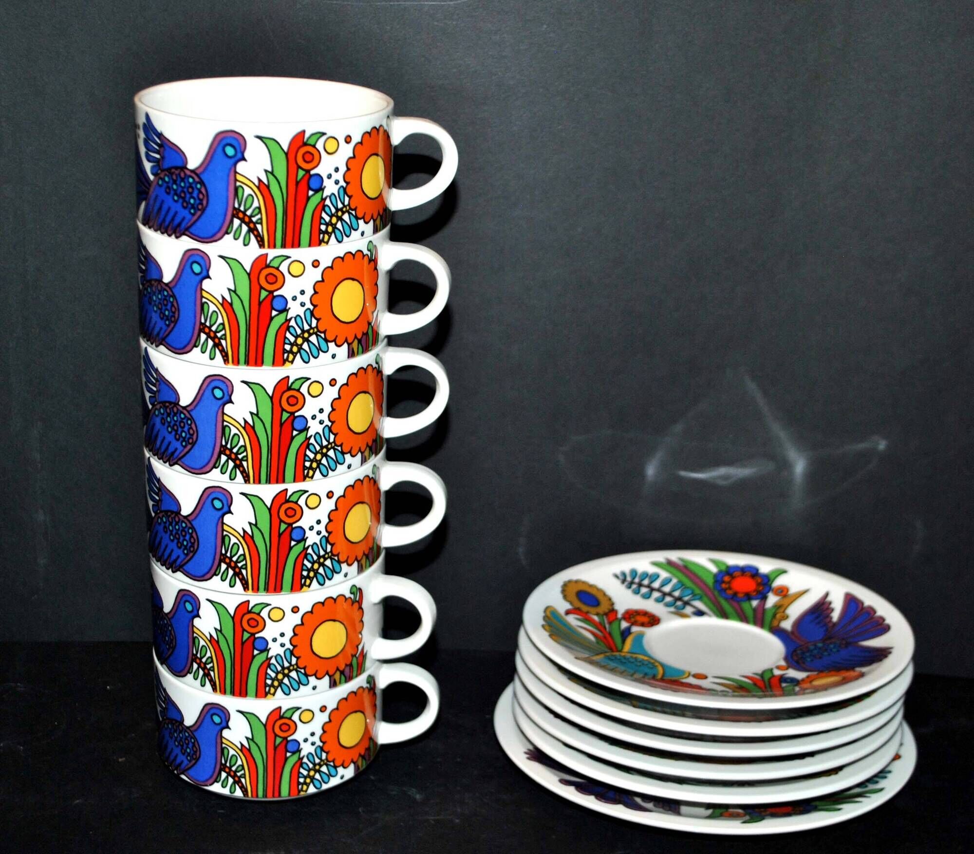 Lot 6 colorful bird cups acapulco by villeroy-boch vintage 1960-1970