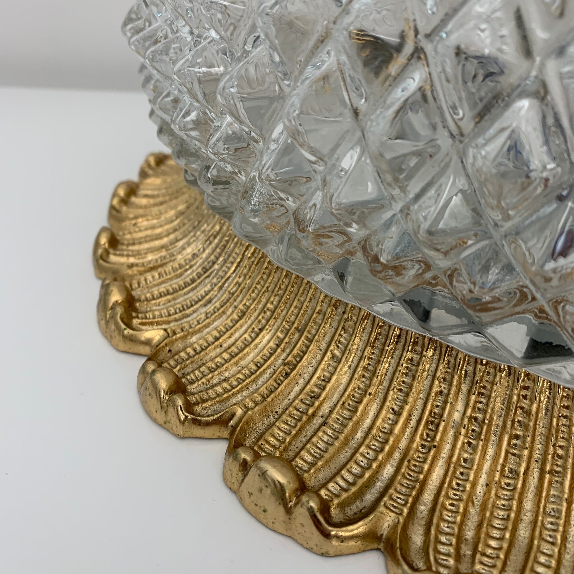 Old ceiling lamp gold metal and globe glass decor of diamond tips limburg