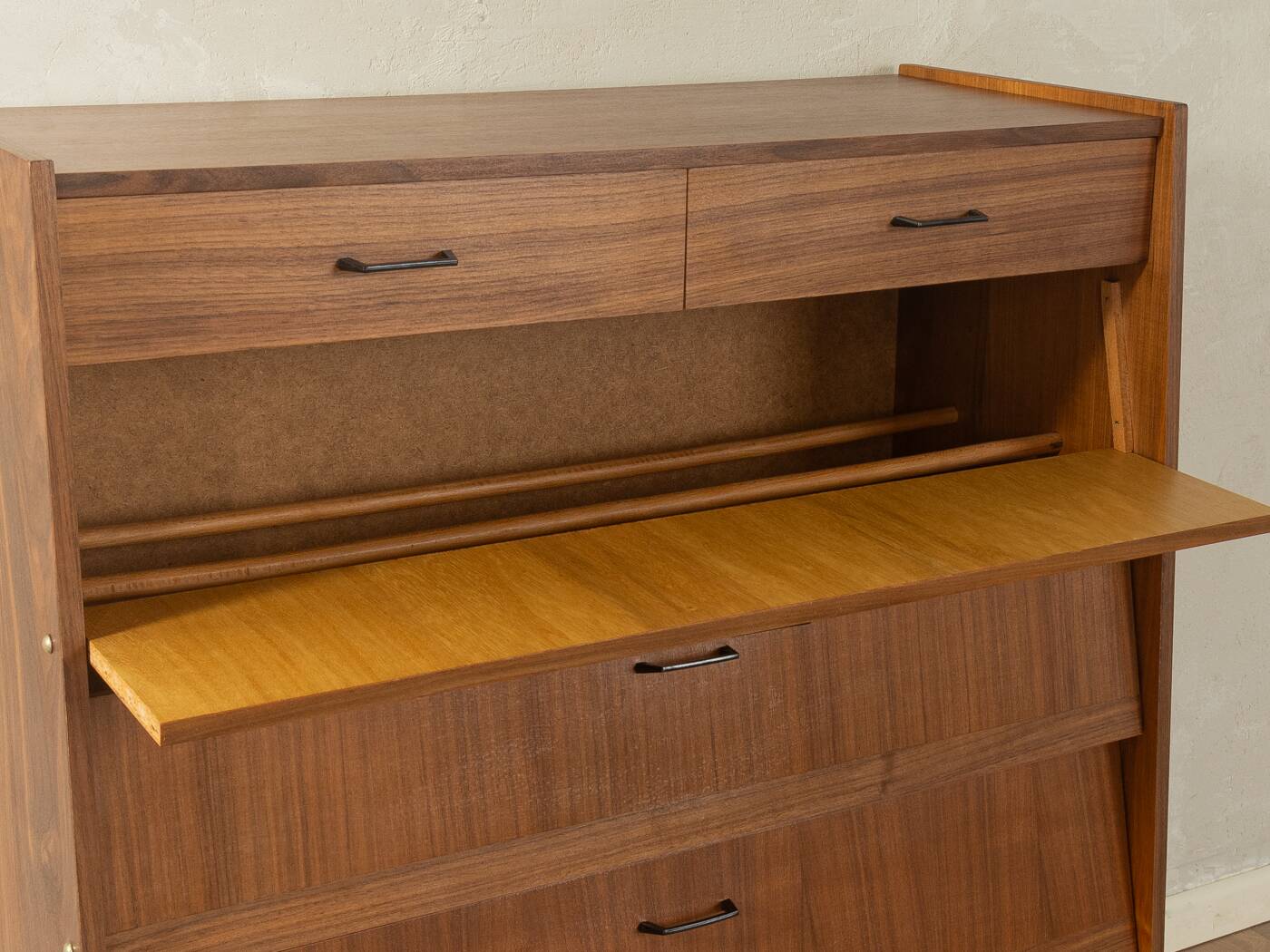 Classic shoe cabinet from the 1960s, walnut veneer, four drop-down doors, two drawers