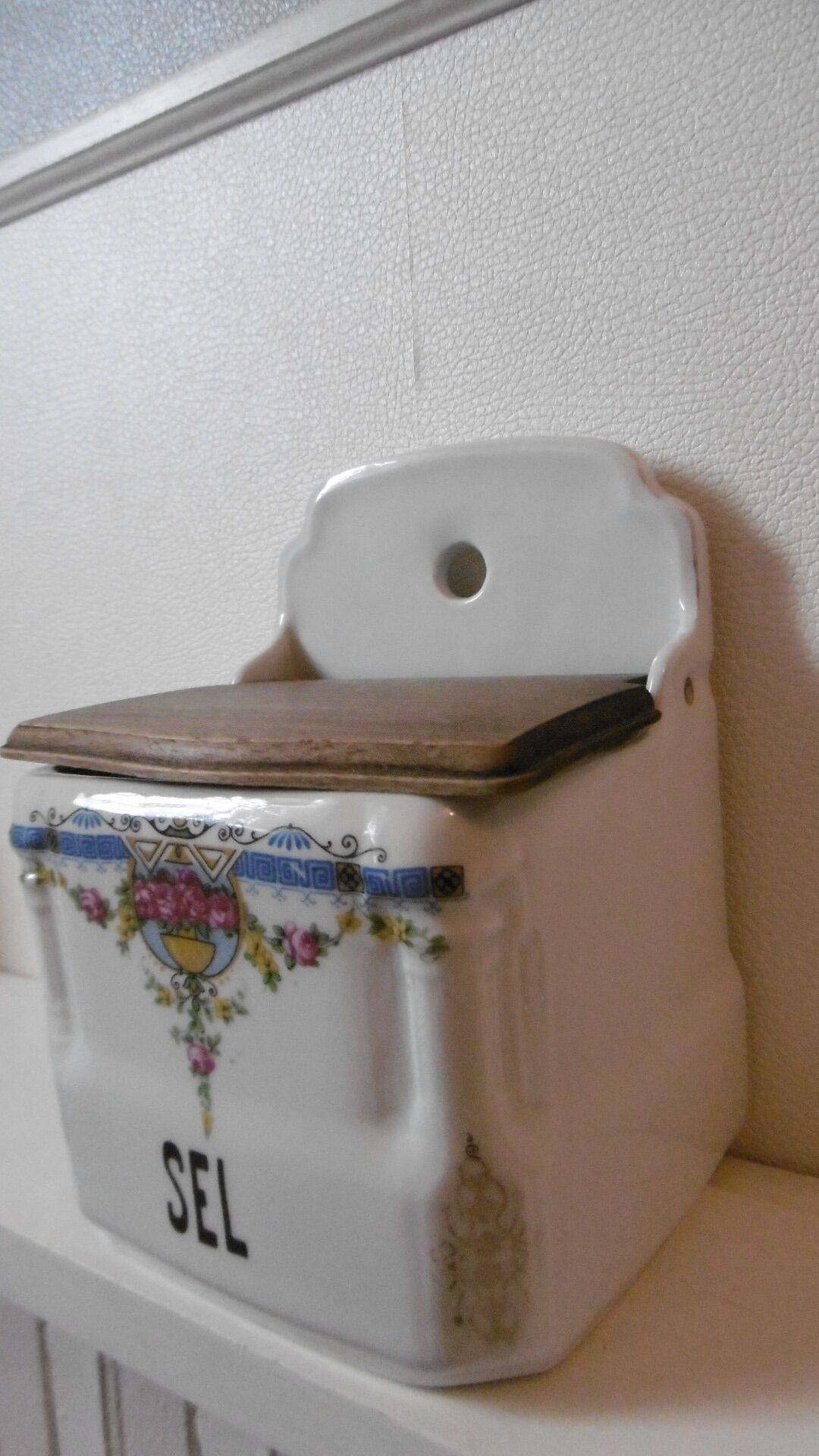 White flowered porcelain salt box