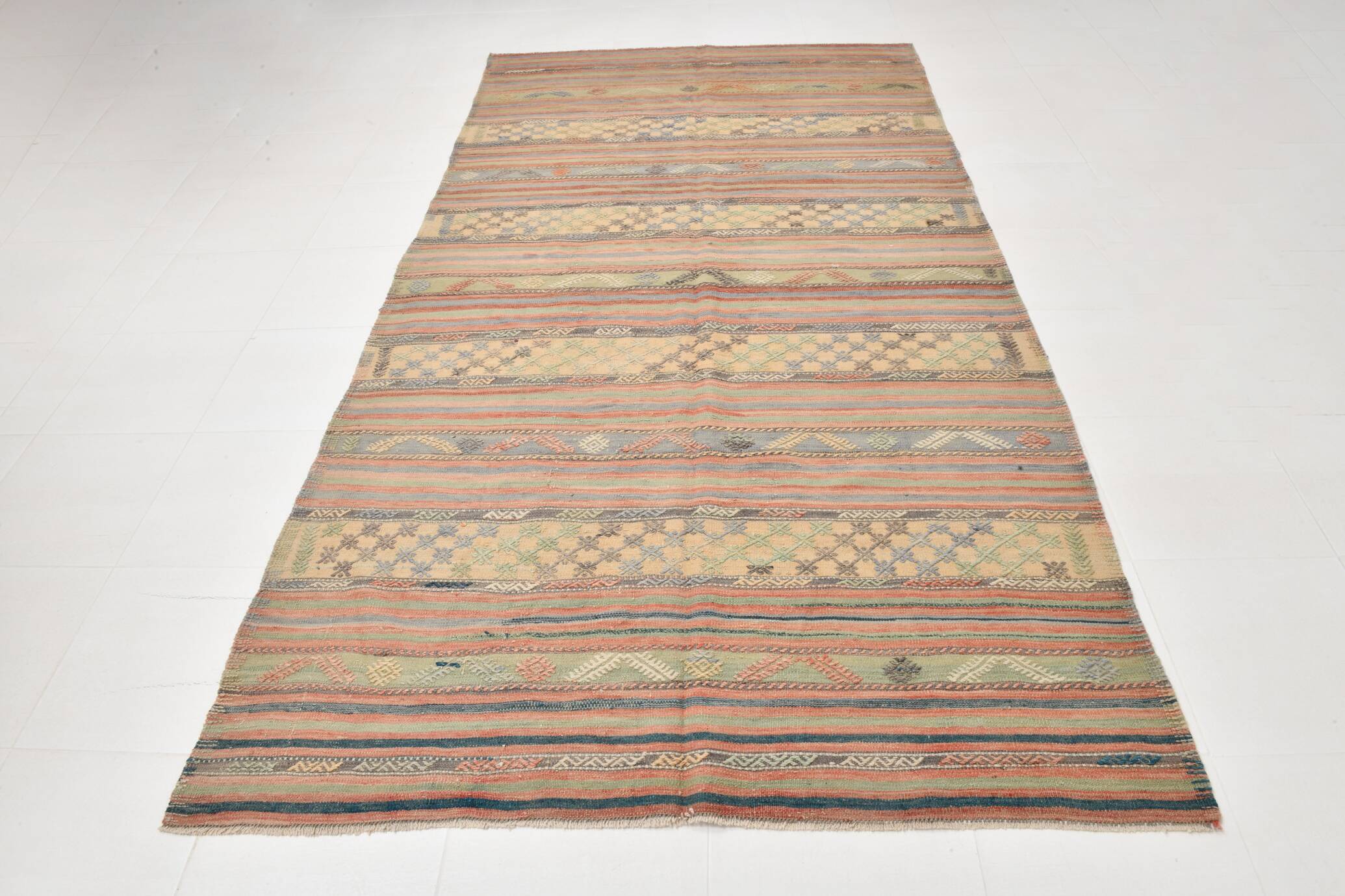 Tapis Kilim en laine tissé main, tons terreux doux, 6 x 11 cm, 169 x 321 cm