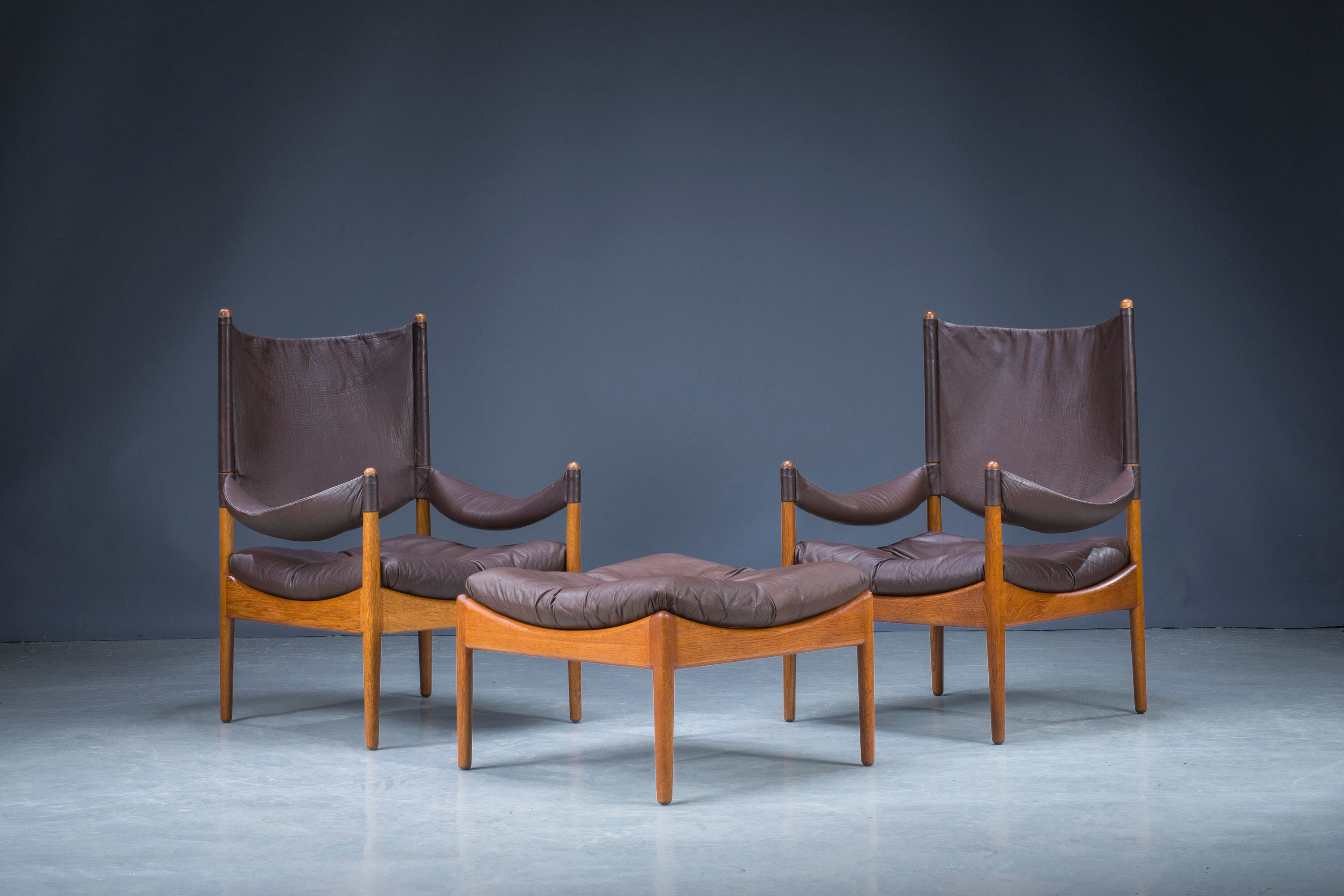 Mid-century danish oak and leather lounge chairs & ottoman by kristian vedel, 1960s, set of 3