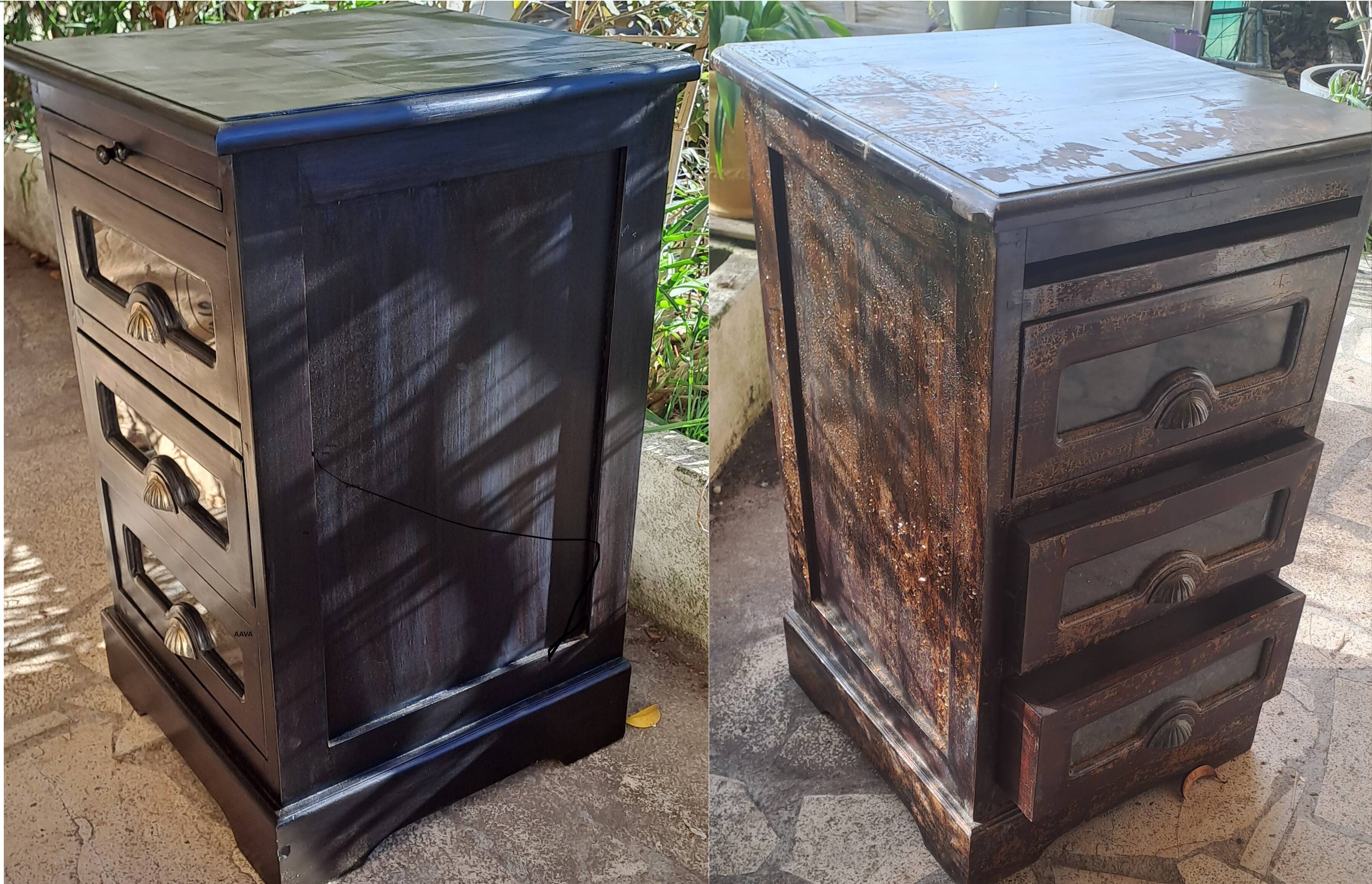 meuble rangement cuisine ou loisirs créatifs 3 tiroirs et 1 tablette en bois massif marron vernissé