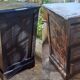meuble rangement cuisine ou loisirs créatifs 3 tiroirs et 1 tablette en bois massif marron vernissé