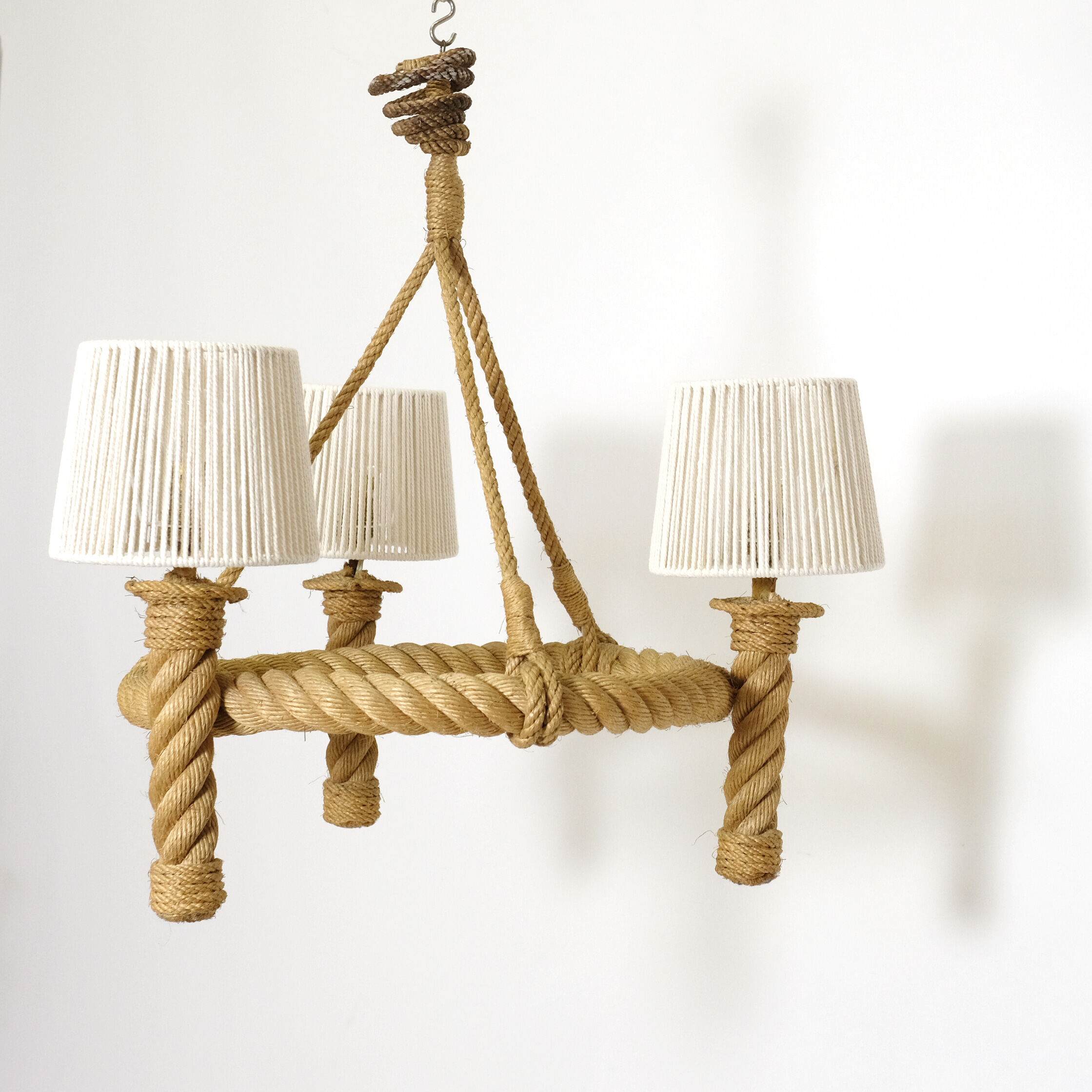 Three-light braided rope pendant light, 1950-1960.