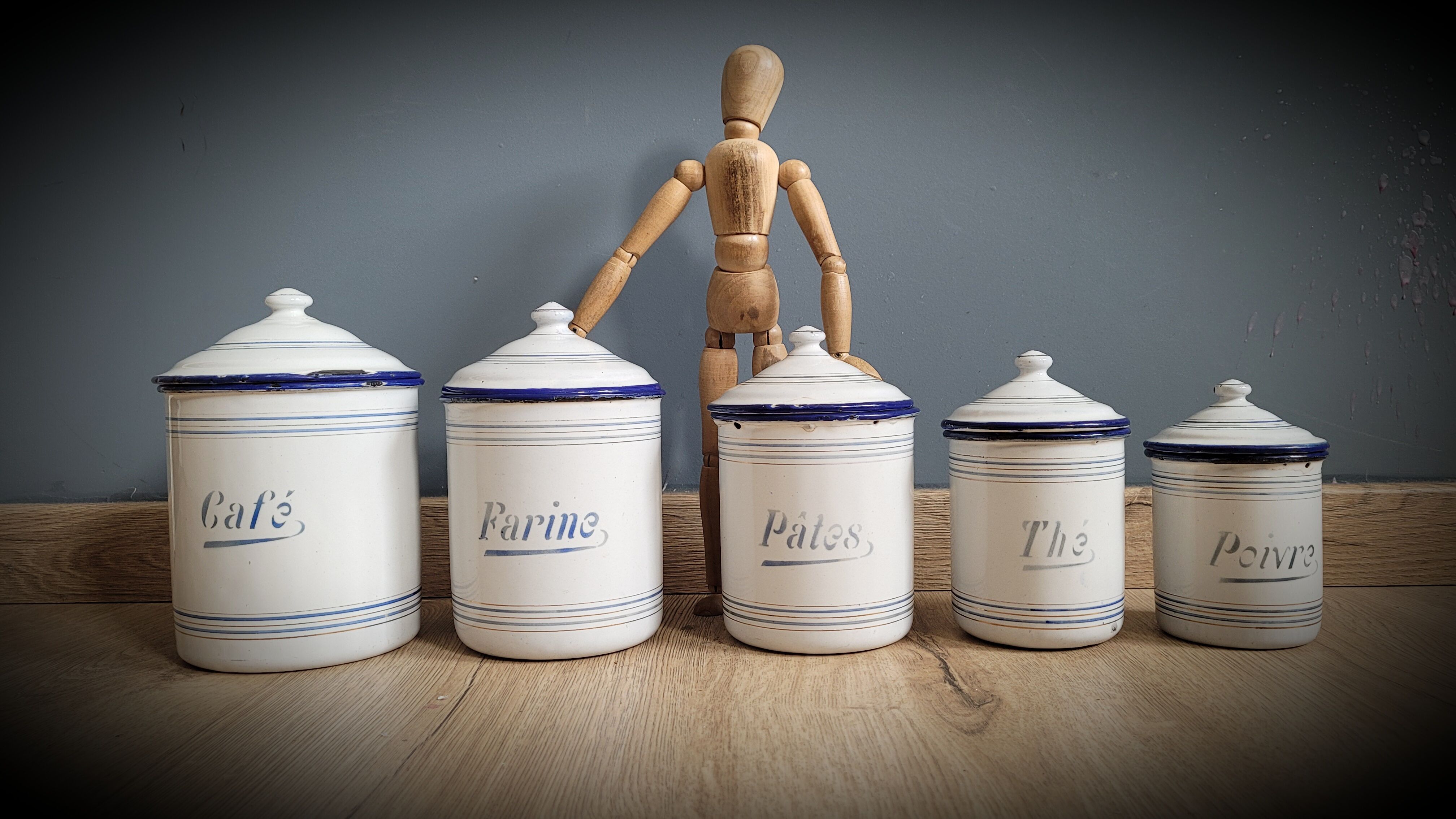 Set 5 pots kitchen white and blue