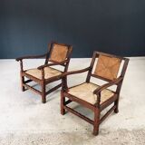 Arts & Crafts Handcrafted Low Lounge Armchairs, Belgium, 1920s, Set of 2