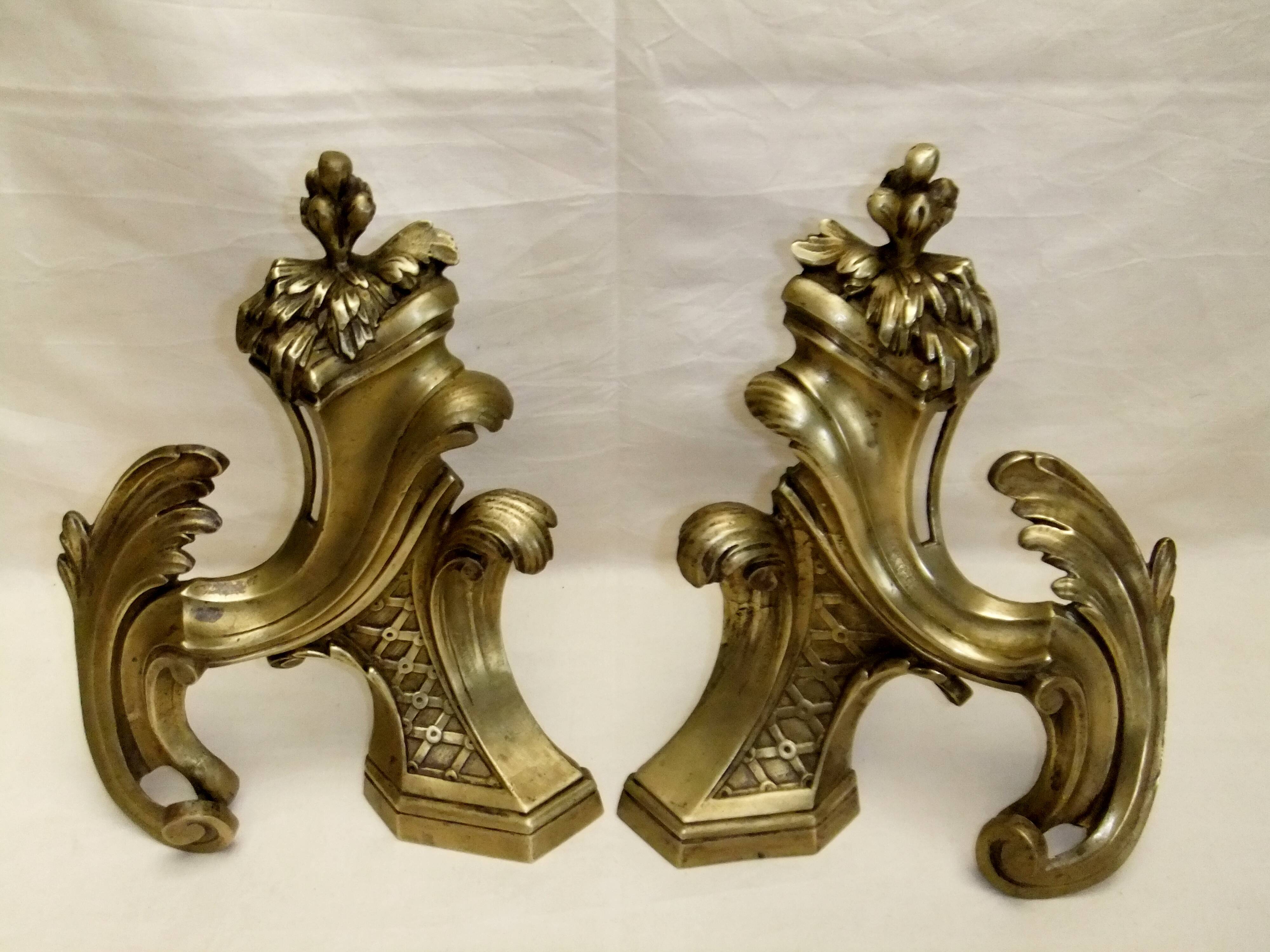 Old bronze andiron pair XVIII decor leaf accessory fireplace trim