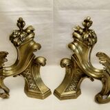 Chenet bronze ancien paire XVIII décor feuille accessoire cheminée garniture