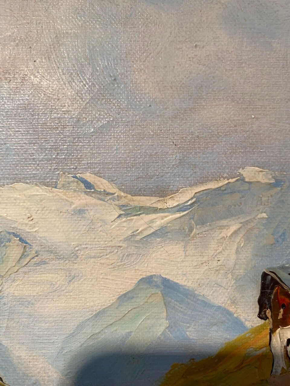 Old painting, Swiss mountain landscape signed H Herzer, mid-XX century