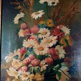 Nature morte bouquet marguerites dans un vase huile sur toile vers 1900 80x49 cm