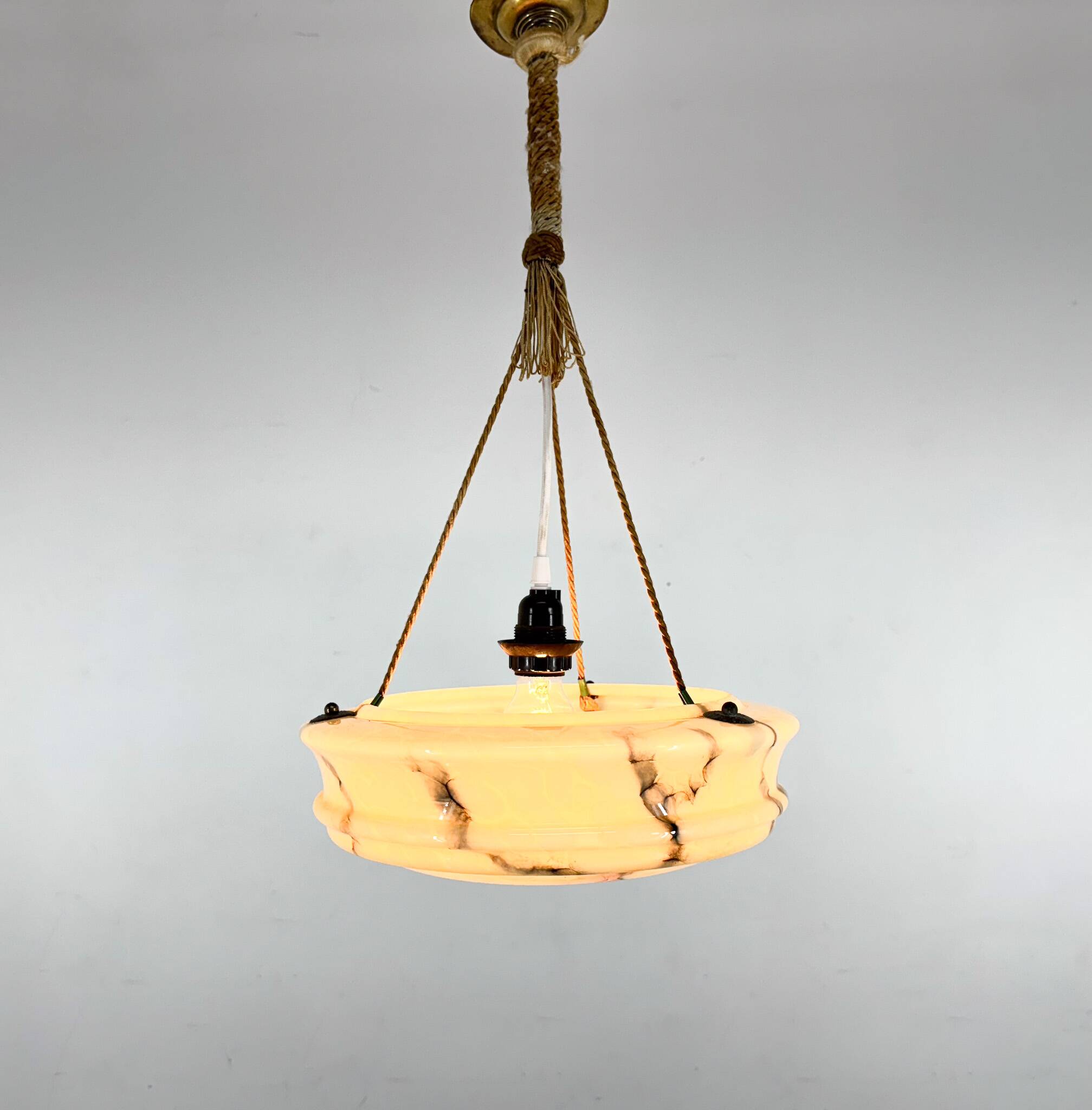Art Deco Marble Glass Pendant Light on Original Rope