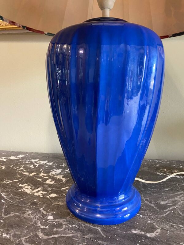Grande Lampe céramique bleu abat jour fleuri