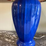 Large blue ceramic lamp with floral shade