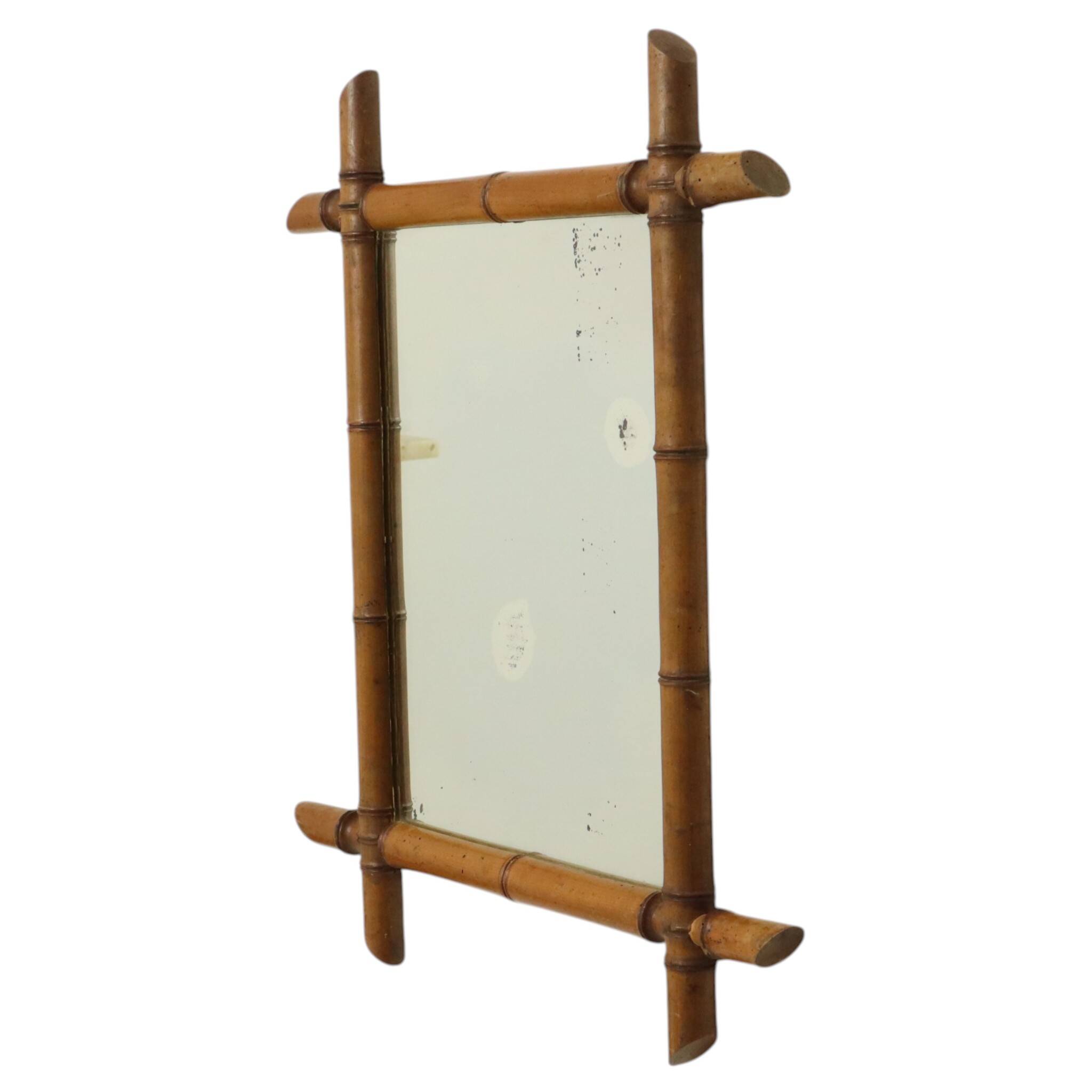 French Wooden Mirror, Faux Bamboo Chinoiserie, 57x47cm