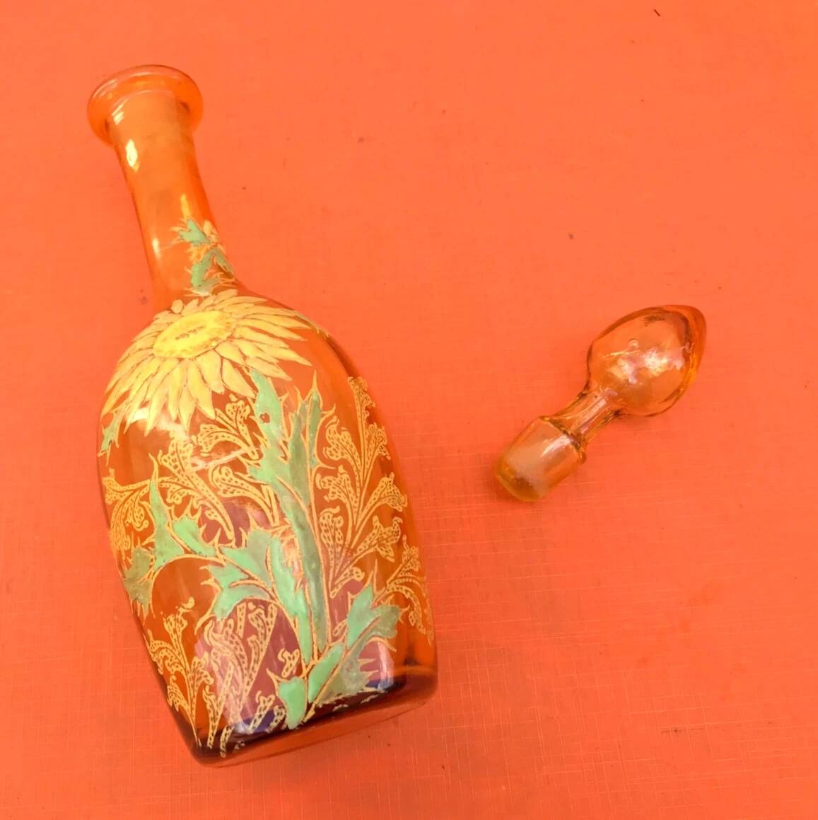 1900s Liqueur Decanter Blown and Enameled Amber Glass