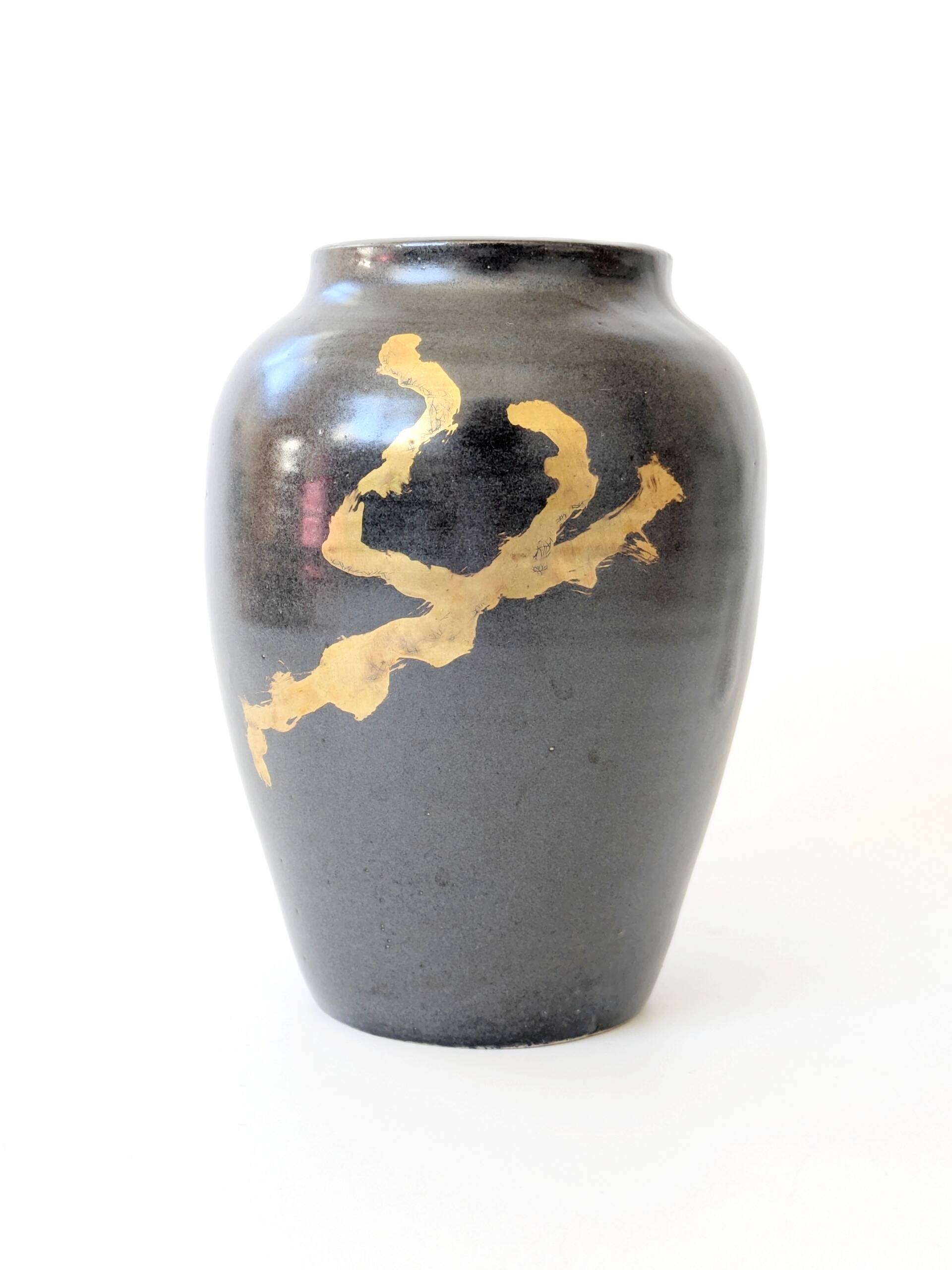 Vintage ceramic vase, black and gold, Japandi style