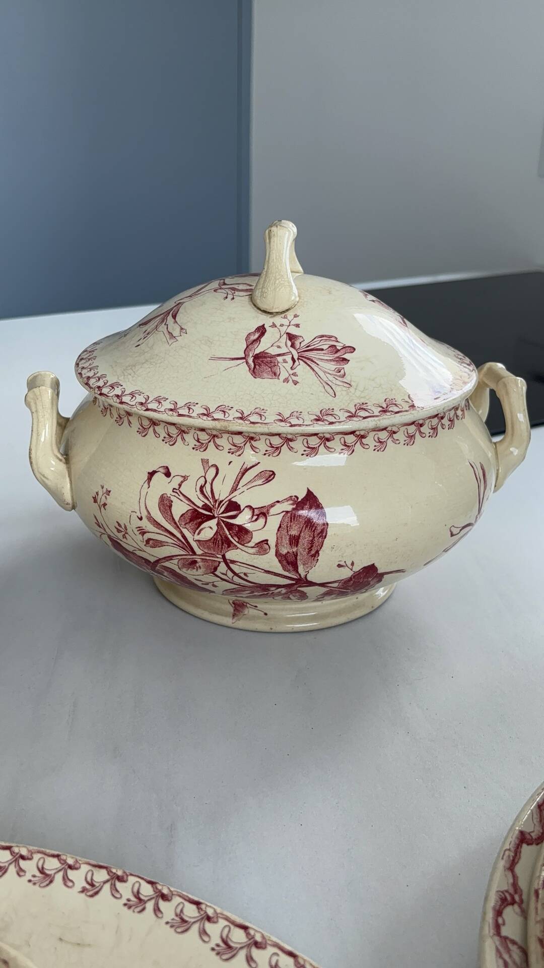 Red earthenware soup tureen, Gien factory, honeysuckle model.