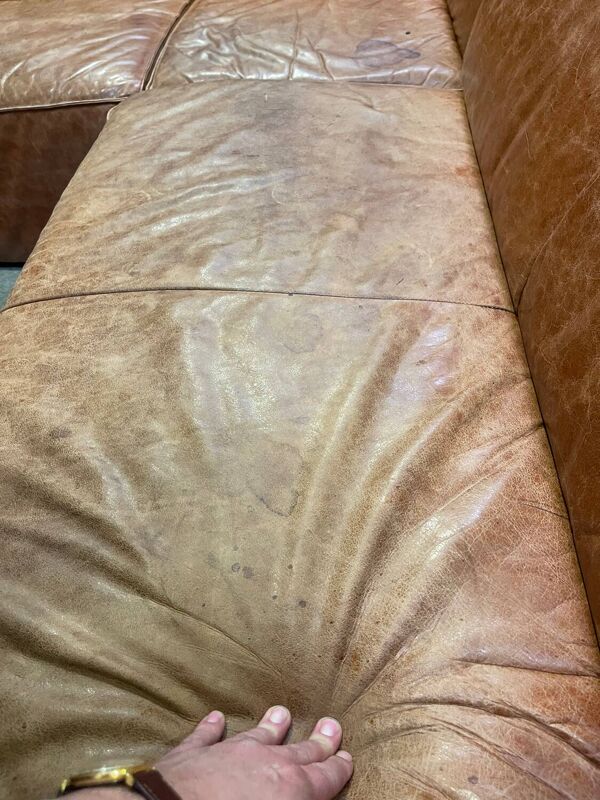 XXL Salon canapé d’angle cuir patiné vintage 1980