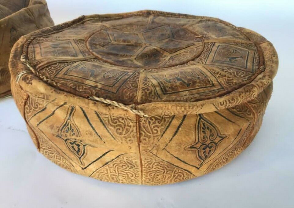 Pair of moroccan leather beanbags beautiful patina patina 1900