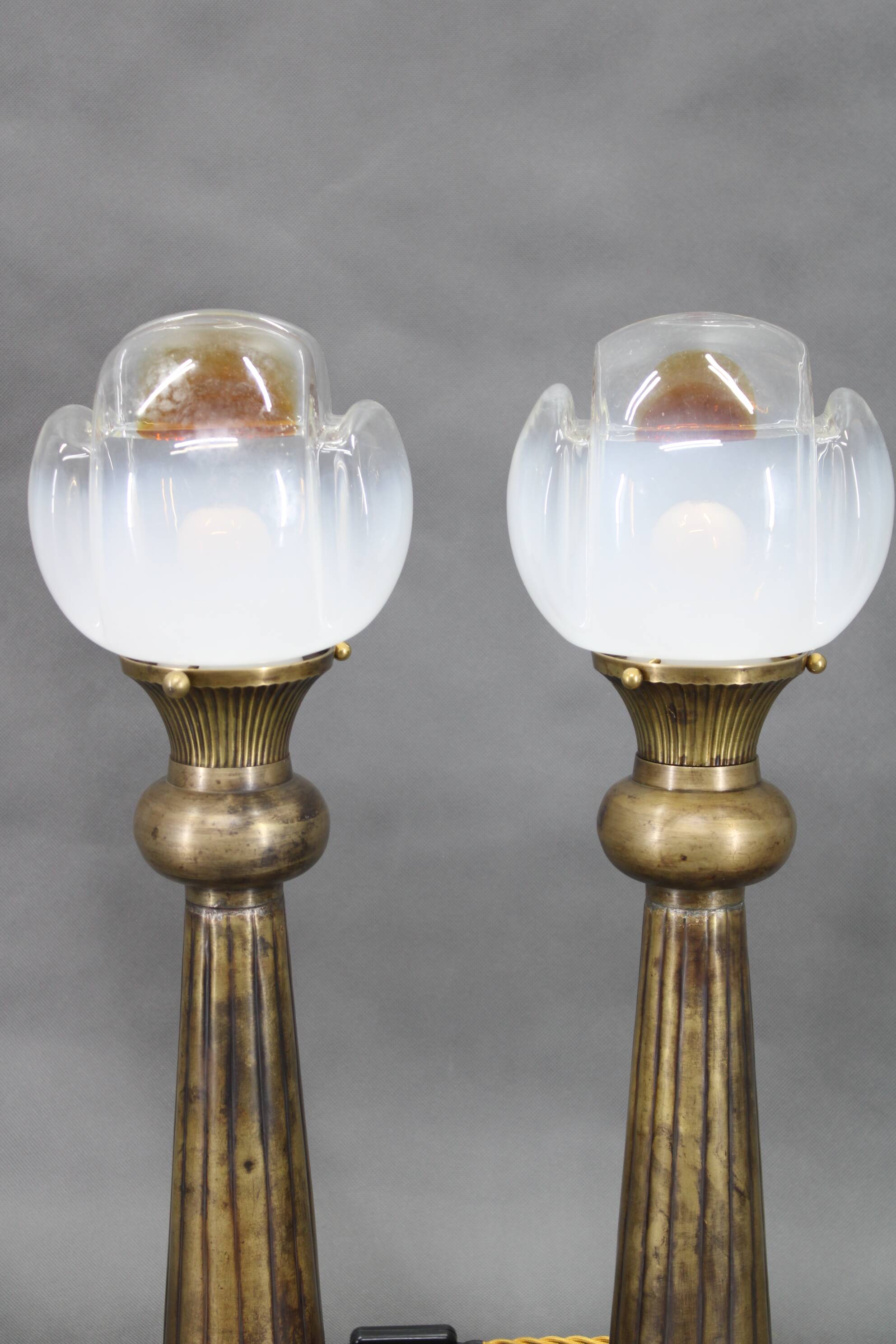 1940s Pair of Italian Restored Brass Table Lamps with Glass Shades