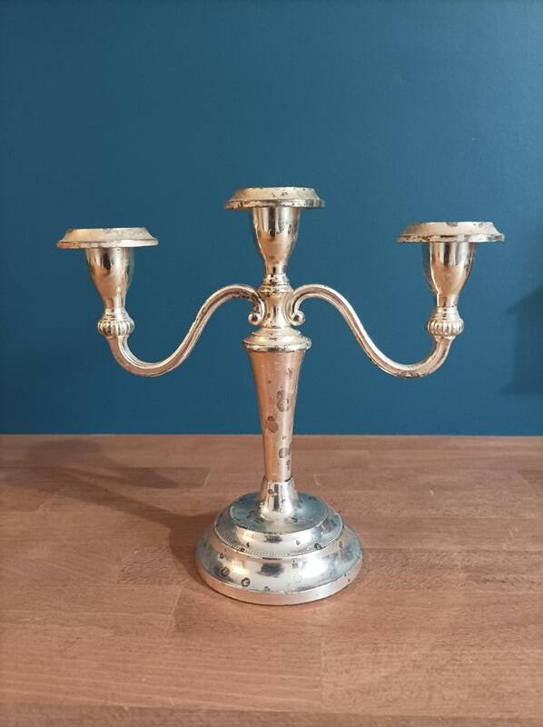 English candle holder triple pearl chandelier patinated chrome metal