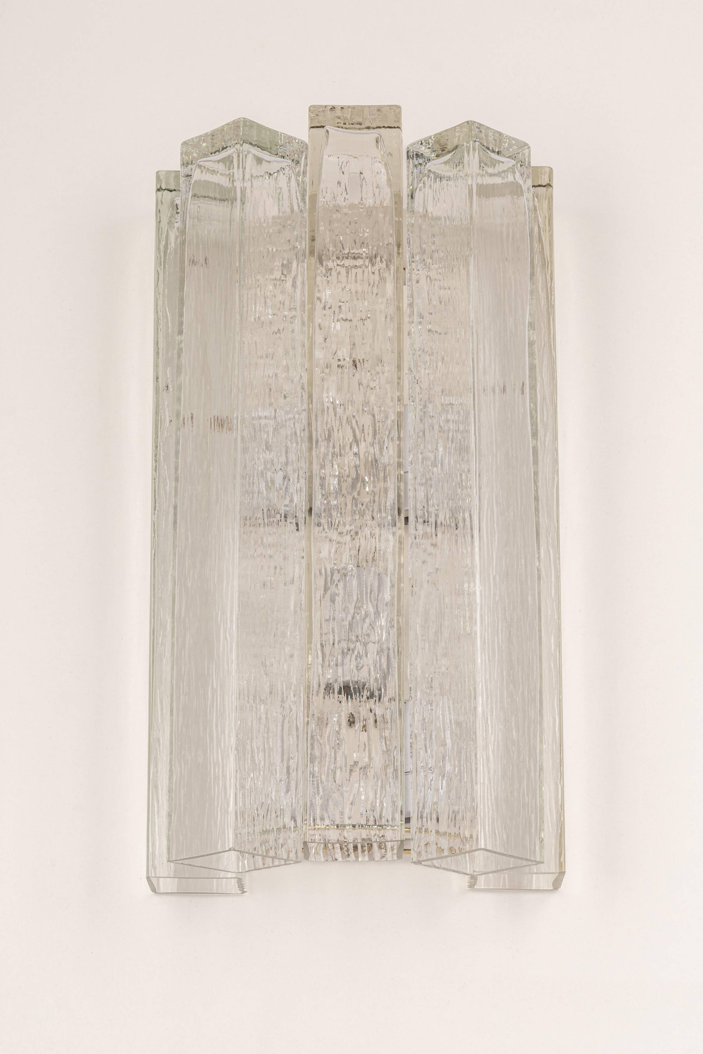 Large pair of wall sconces in brass and Murano glass by Doria, Germany, 1960s.