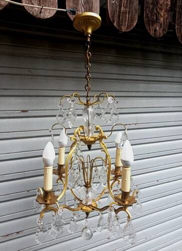 Rare antique cage chandelier in gilded bronze and crystal, 4 lights / WORKING CONDITION GAU?