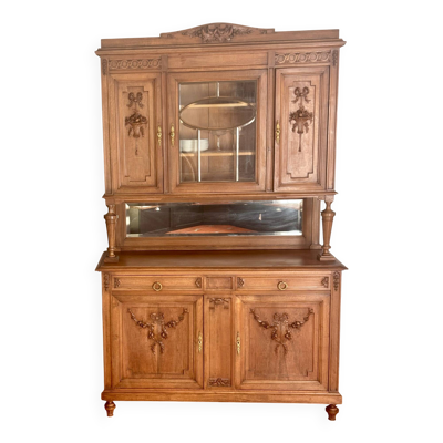 Buffet deux corps de style Louis XVI en chêne sculpté avec miroir – Né