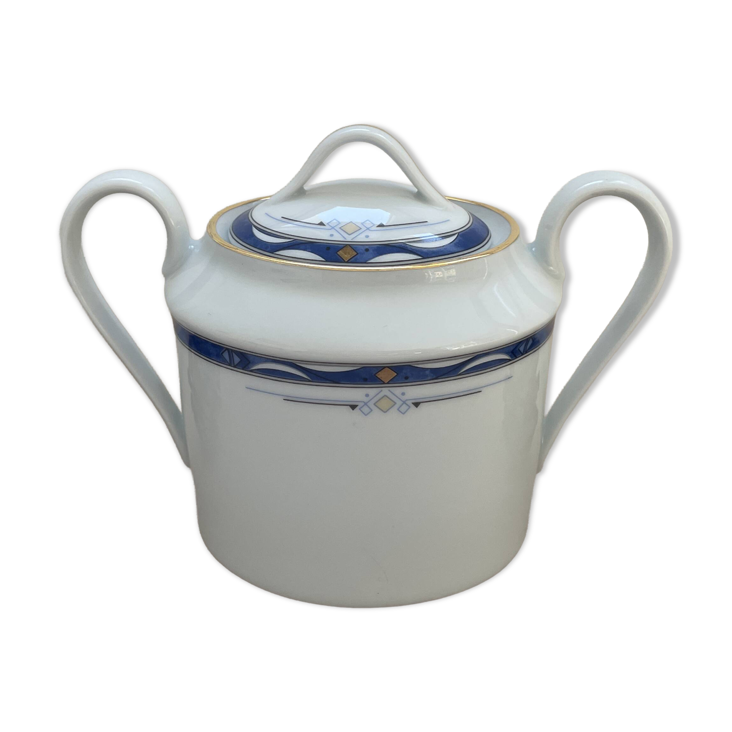 Vintage sugar bowl in cobalt blue and gold Limoges porcelain.