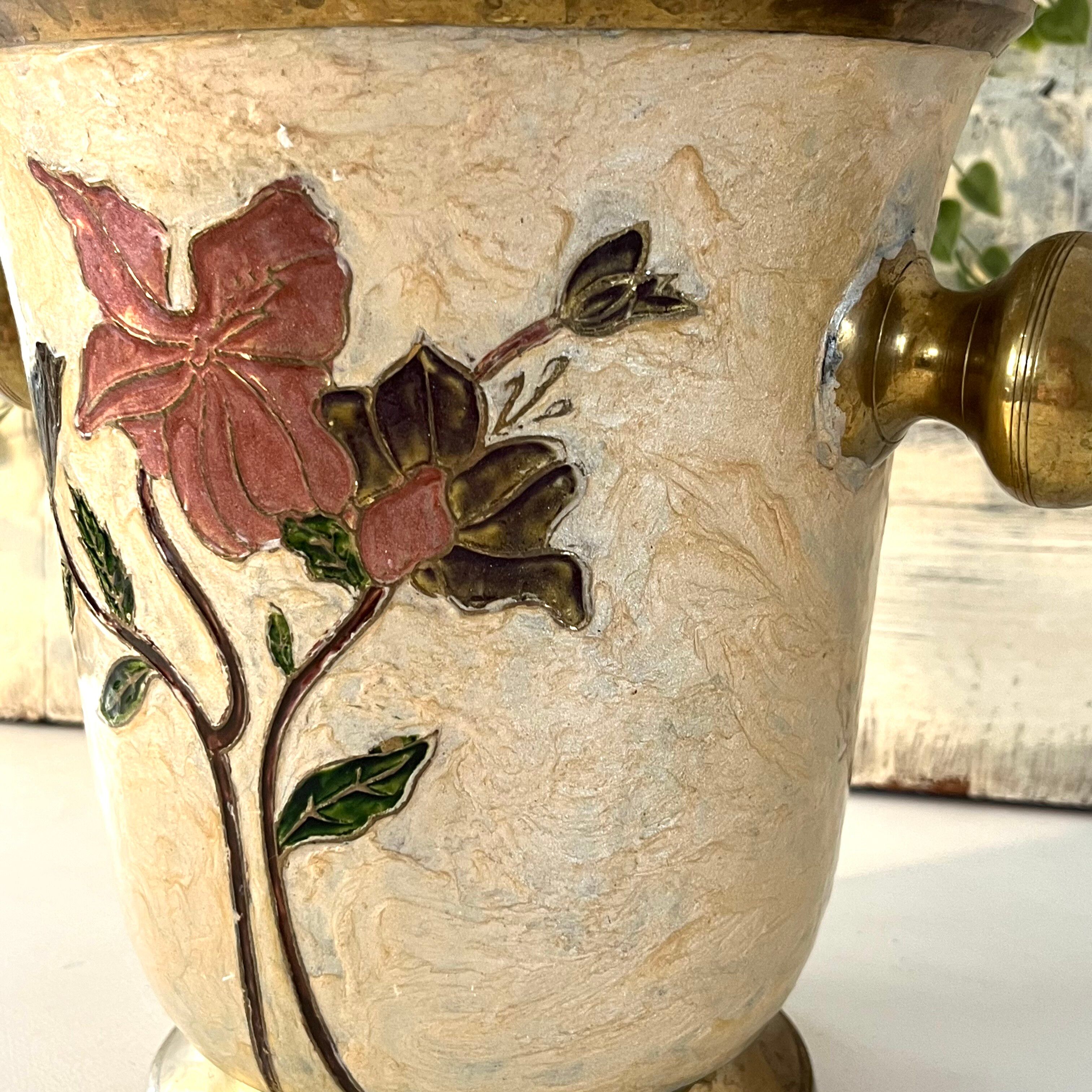 Rare French Art Nouveau Cloisonne Brass Champagne Cooler with Orchid E