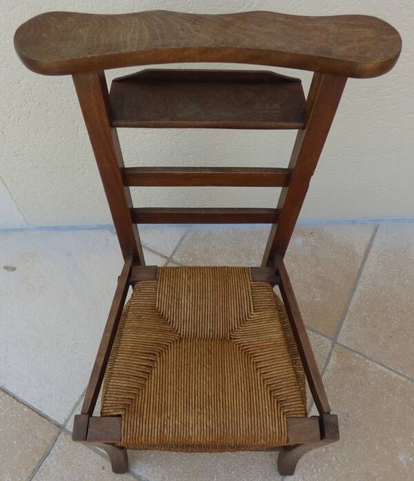 Chaise de prière vintage en bois, paille tressée double, siège relevable