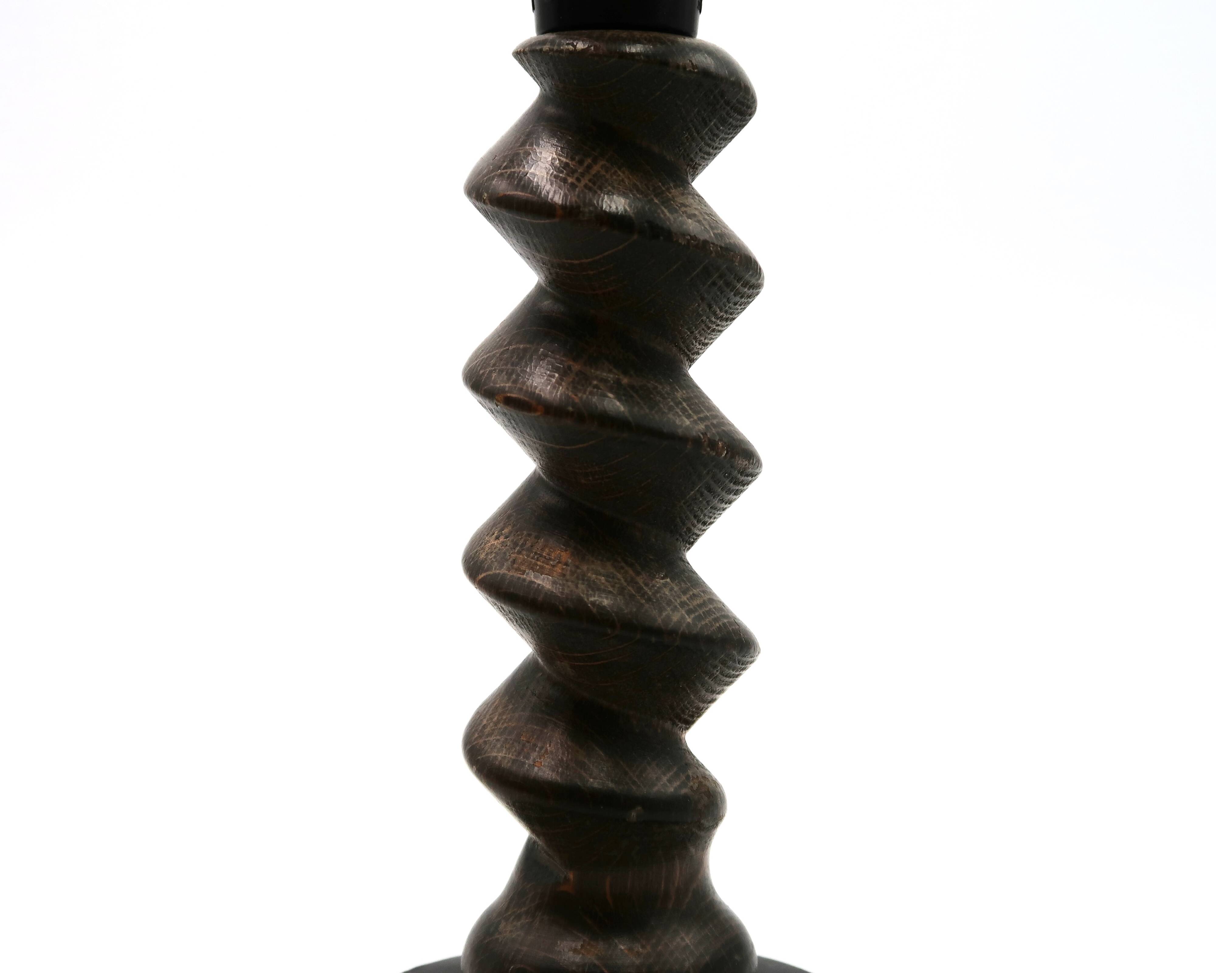 Wooden column lamp by Charles Dudouyt with raffia shade, 1940s.