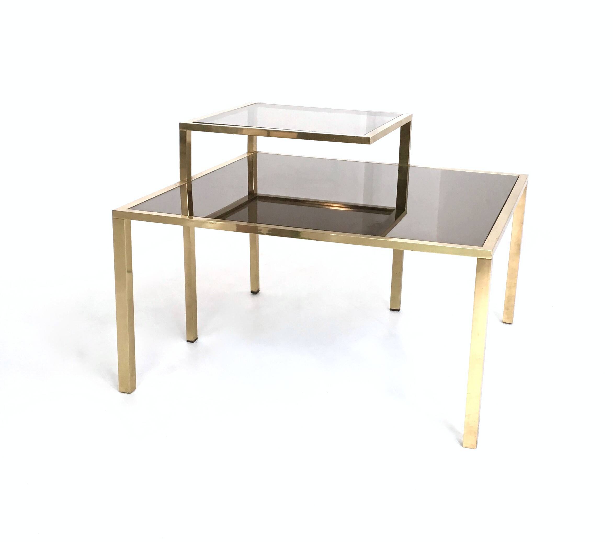 Square Brass Coffee Table with Glass Shelf and Mirrored Top, Italy