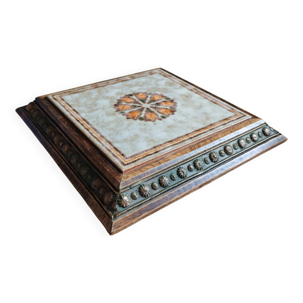 Ancien Dessous de Plat en Céramique Italienne et Cadre Bois