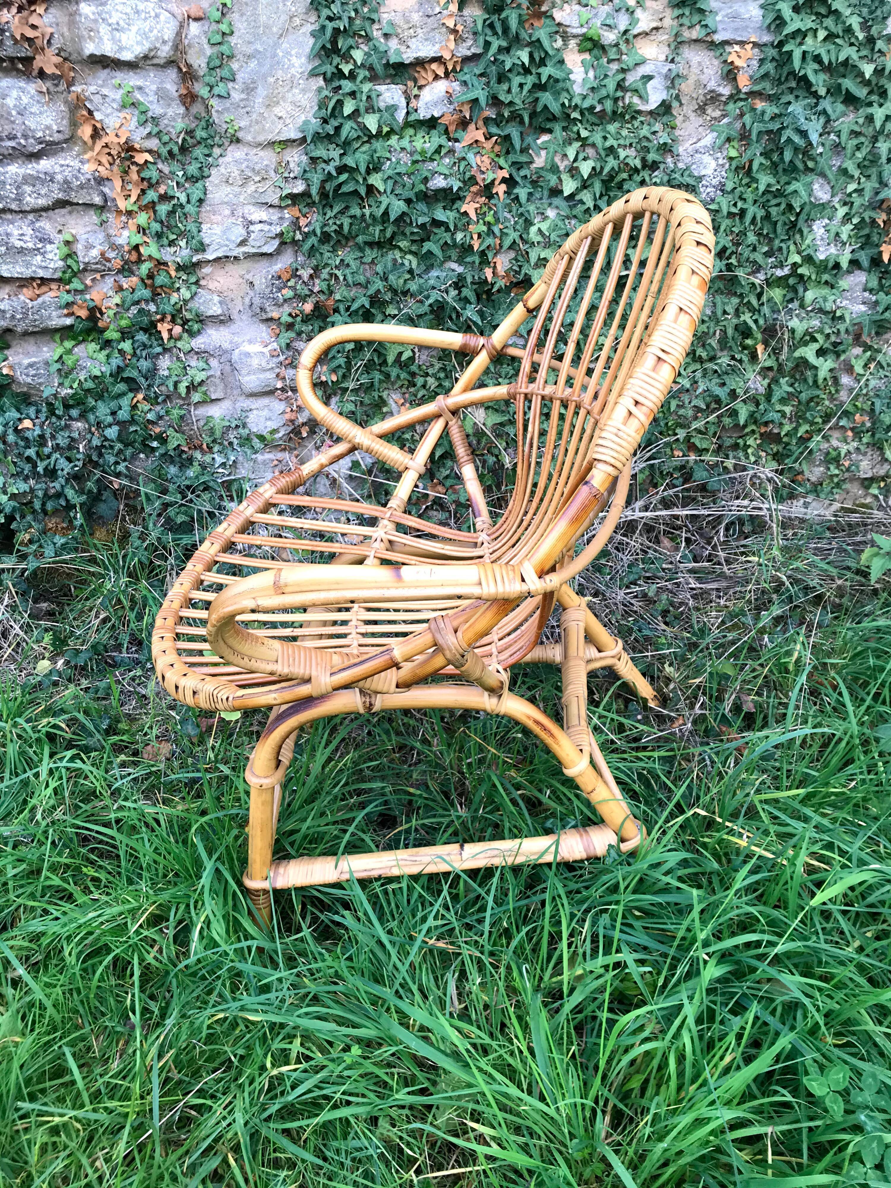 Fauteuil coquille rotin et bambou vintage des années 60
