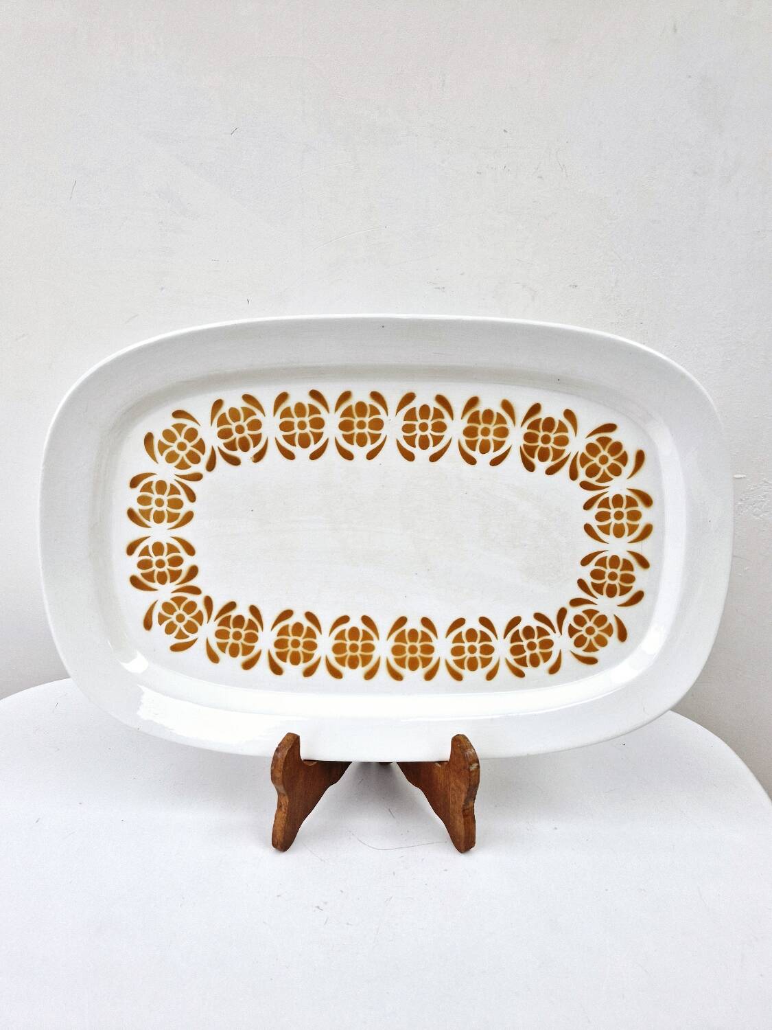 Vintage Oval Dish 70's Sarreguemines Earthenware Decor Orange Flowers 38.5 x 25 cm