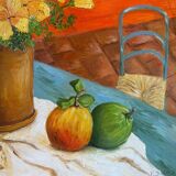 Still life with flowers, bread, apples and chair, signed