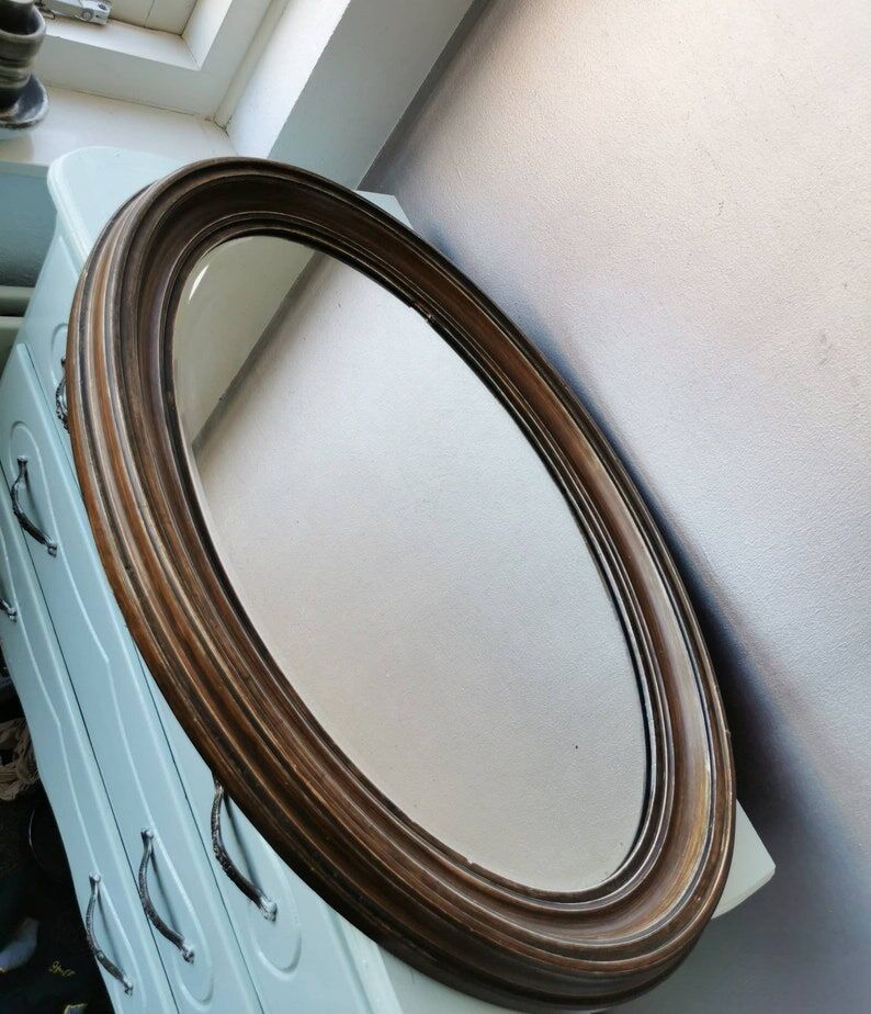 Vintage oval wooden mirror, 1970 (82 cm x 55 cm)