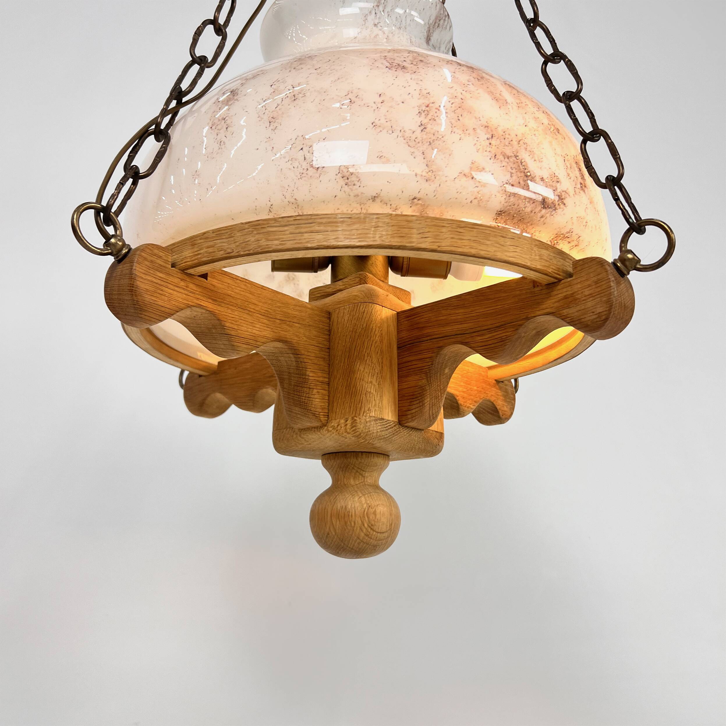 Large brutalist oak and marbled glass pendant, 1960s