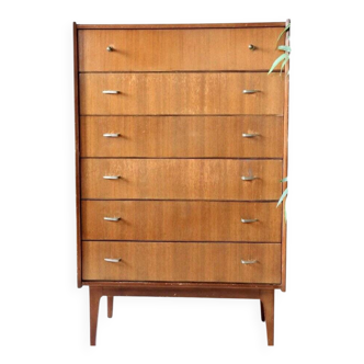 Mid-Century chest of drawers in brown teak with 6 drawers, tall model from the 1960s.