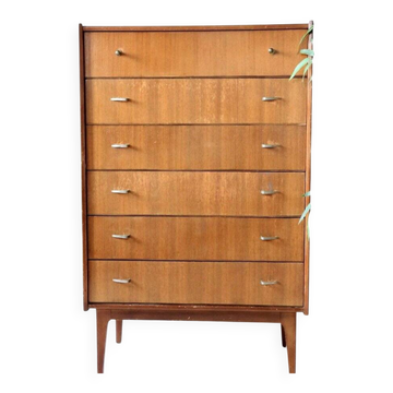 Commode Mid-Century en teck marron à 6 tiroirs, haut modèle années 1960