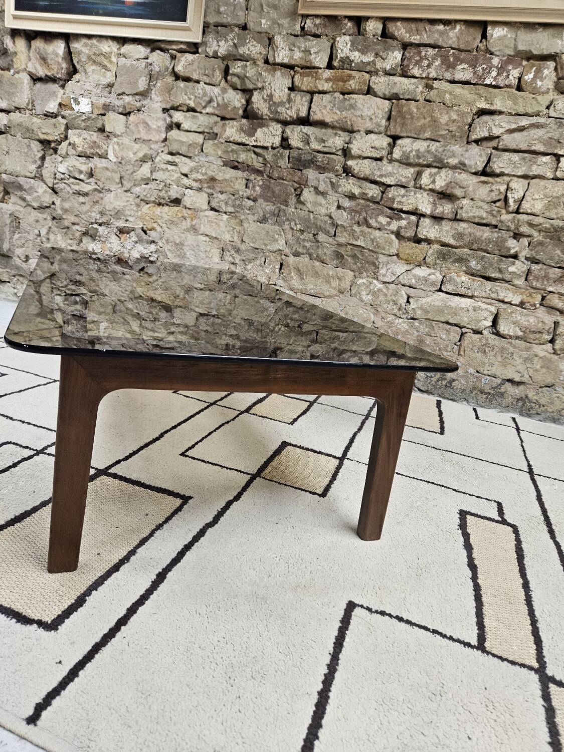 Vintage 1970s smoked glass wood coffee table