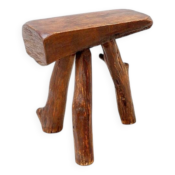 Tabouret rustique brutaliste tripode en bois - Forme naturelle - Années 1950/60