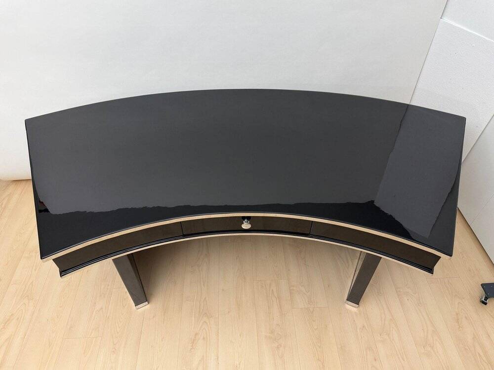Art Deco desk in black lacquer, walnut & metal, France, 1950